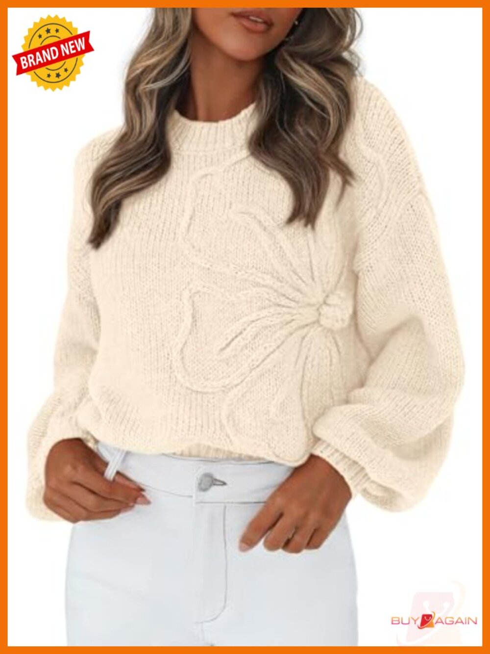 Chunky Knit Floral Pullover Sweater Crew Neck Lantern Sleeve Women's